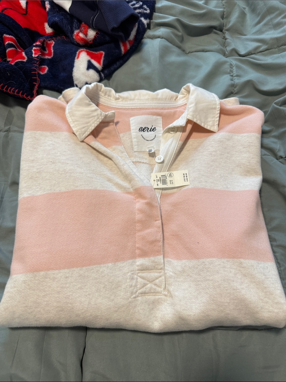 aerie Pink and Cream Striped Collared Pullover